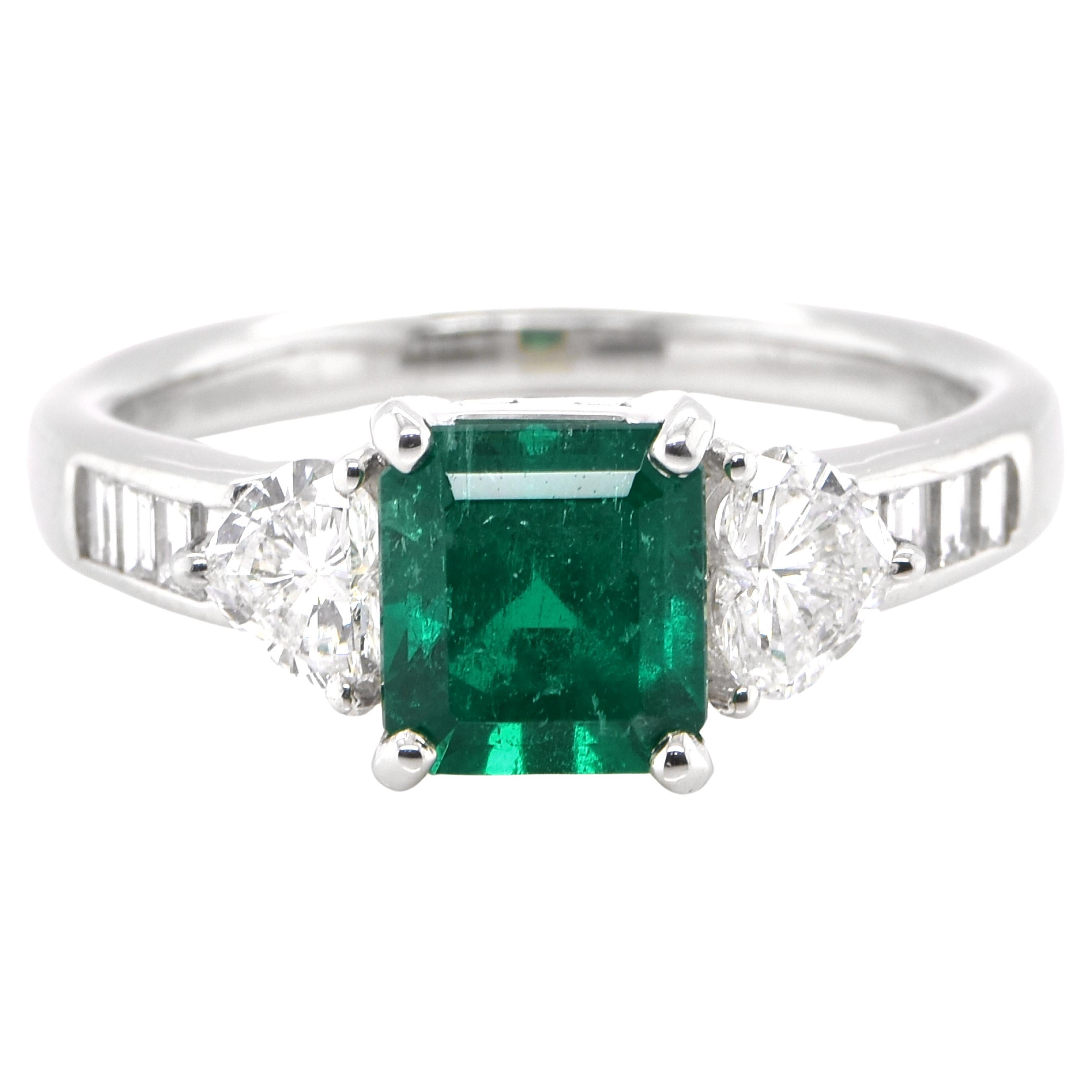 1.39 Carat Vivid Green, Colombian Emerald and Diamond Ring Set in Platinum For Sale