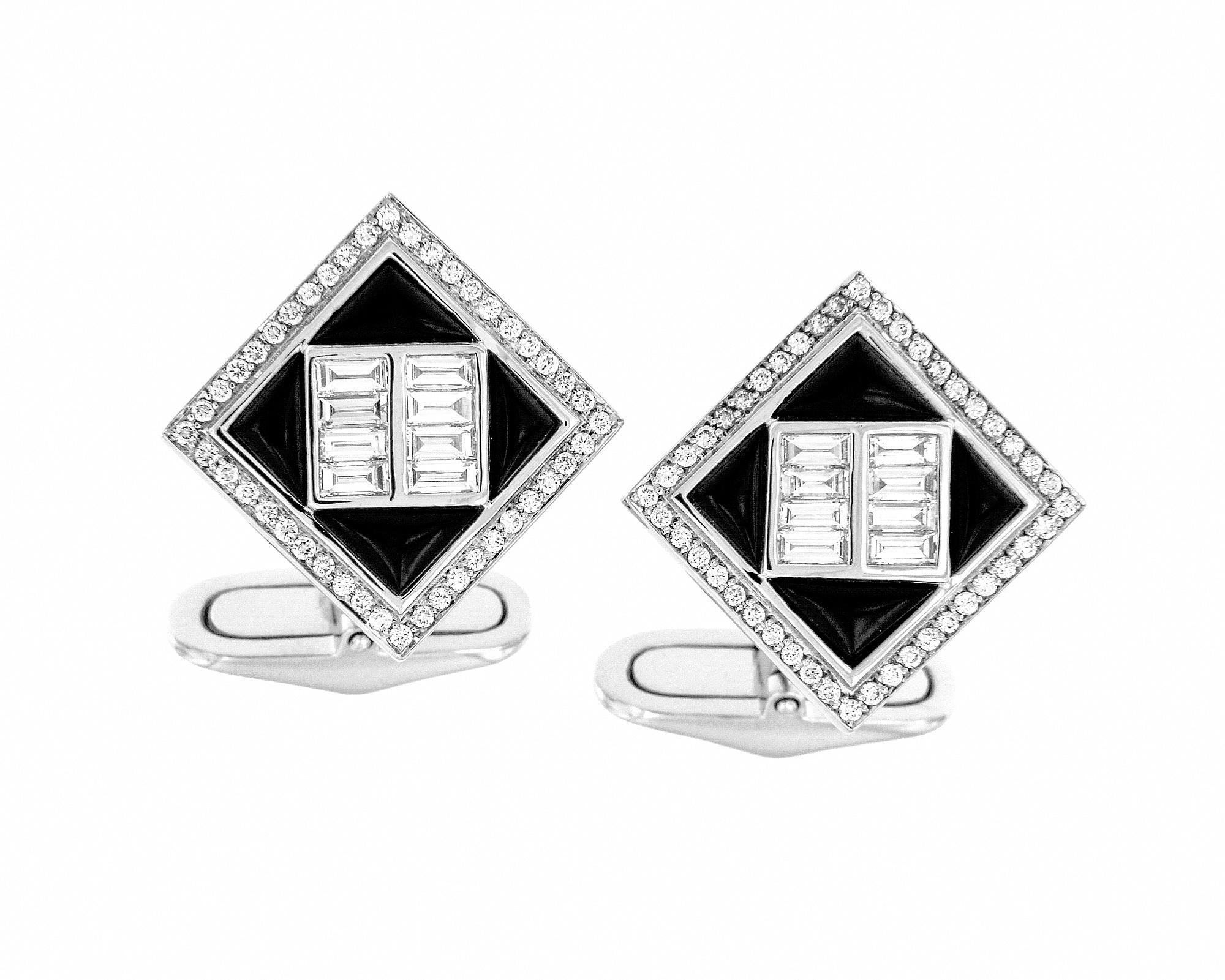 These 18k white gold cufflinks are the perfect accesorry to amplify a mans power. The diamond baguettes are beauifully set with black onyx and pave'd diamonds. This is a true gentlemen's statement piece. 

18K White Gold
Diamonds - 1.14 cts
Black