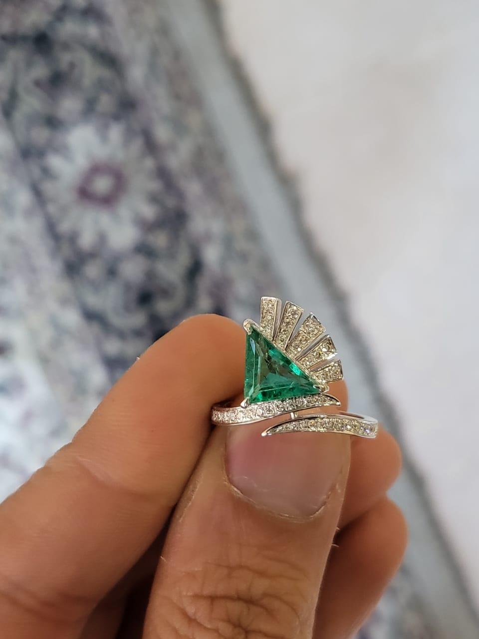 Trillion Cut 1.39ct, Trillion Shaped, Natural Zambian Emerald & Diamonds Engagement Ring For Sale