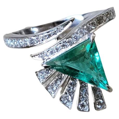 1.39ct, Trillion Shaped, Natural Zambian Emerald & Diamonds Engagement Ring