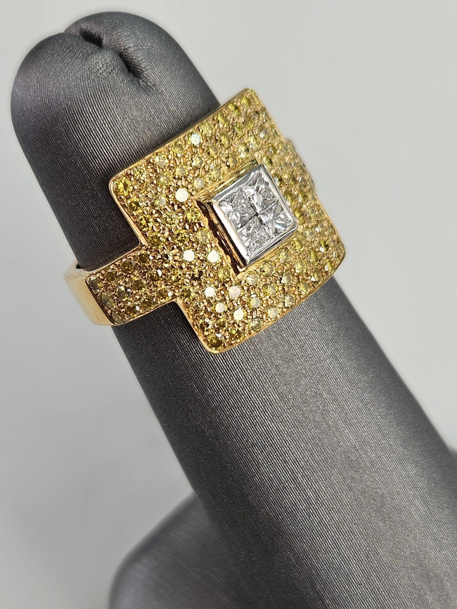 A mesmerizing 1.38 carat Canary Diamond band ring, where brilliance and elegance converge in a striking geometric dance. The centerpiece of this exquisite piece is a substantial 1.12-carat Canary Diamond, expertly shaped into a captivating large