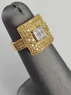 1.39 Ct Canary and White Diamond Cushion Cluster Ring