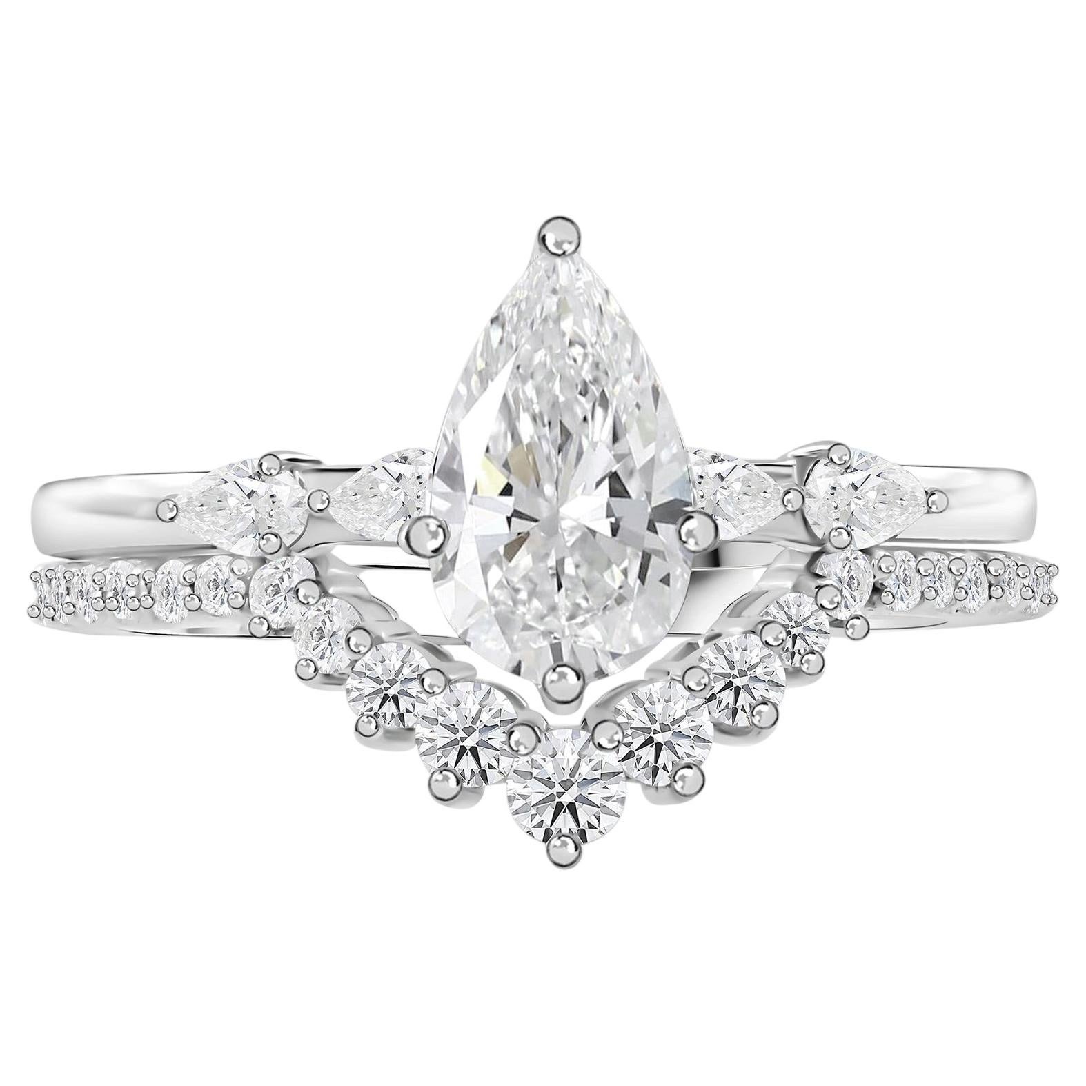 1.39 Ct. Natural Diamond Ring Set in 18K White Gold Pear Shaped Design