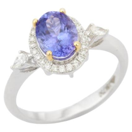 1.39 Carat Tanzanite Gemstone Diamond Ring in 18k Solid White Gold