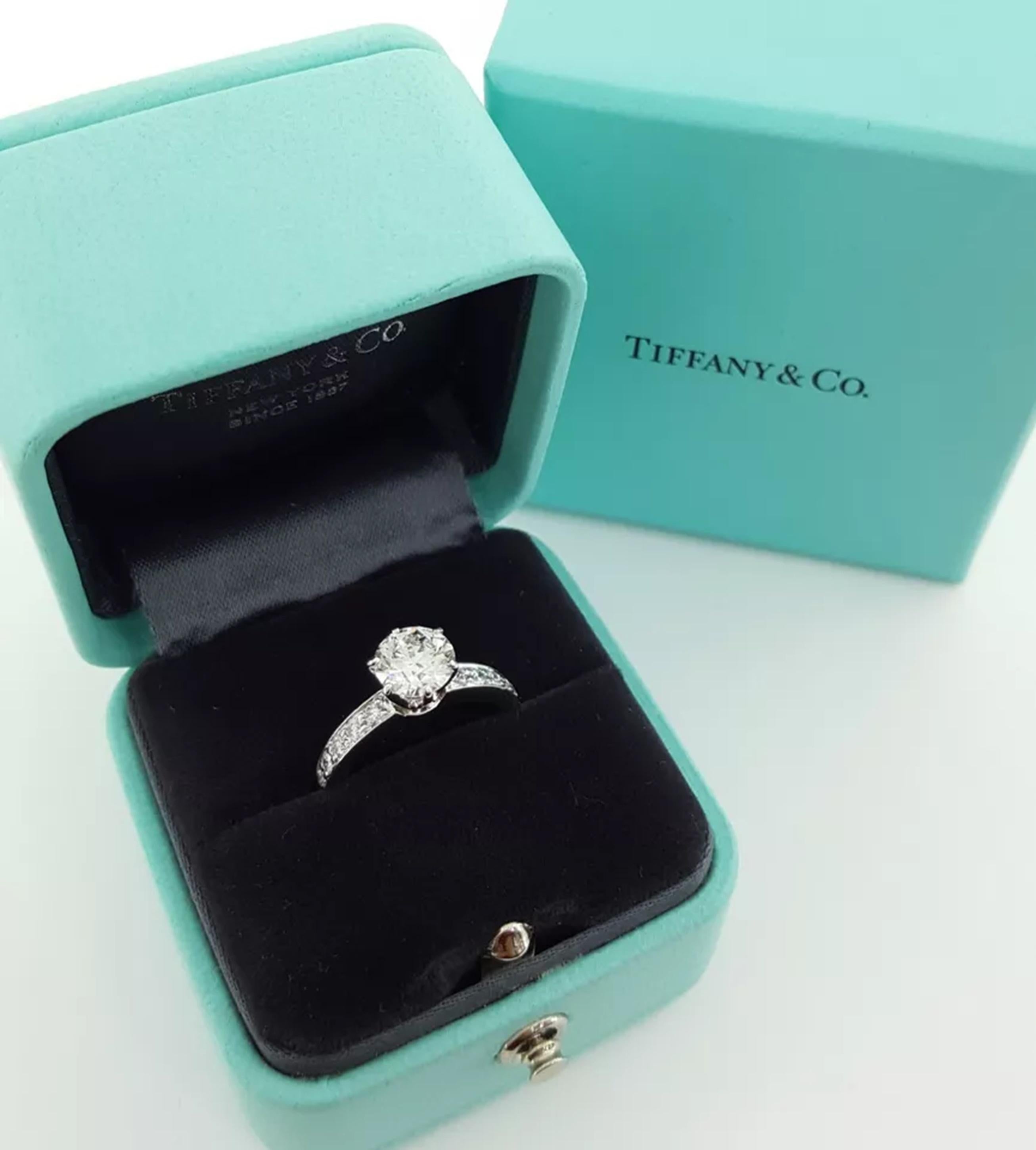 1.39 Carat Tiffany & Co Platinum Bead Set Round Diamond Engagement Ring For Sale 1