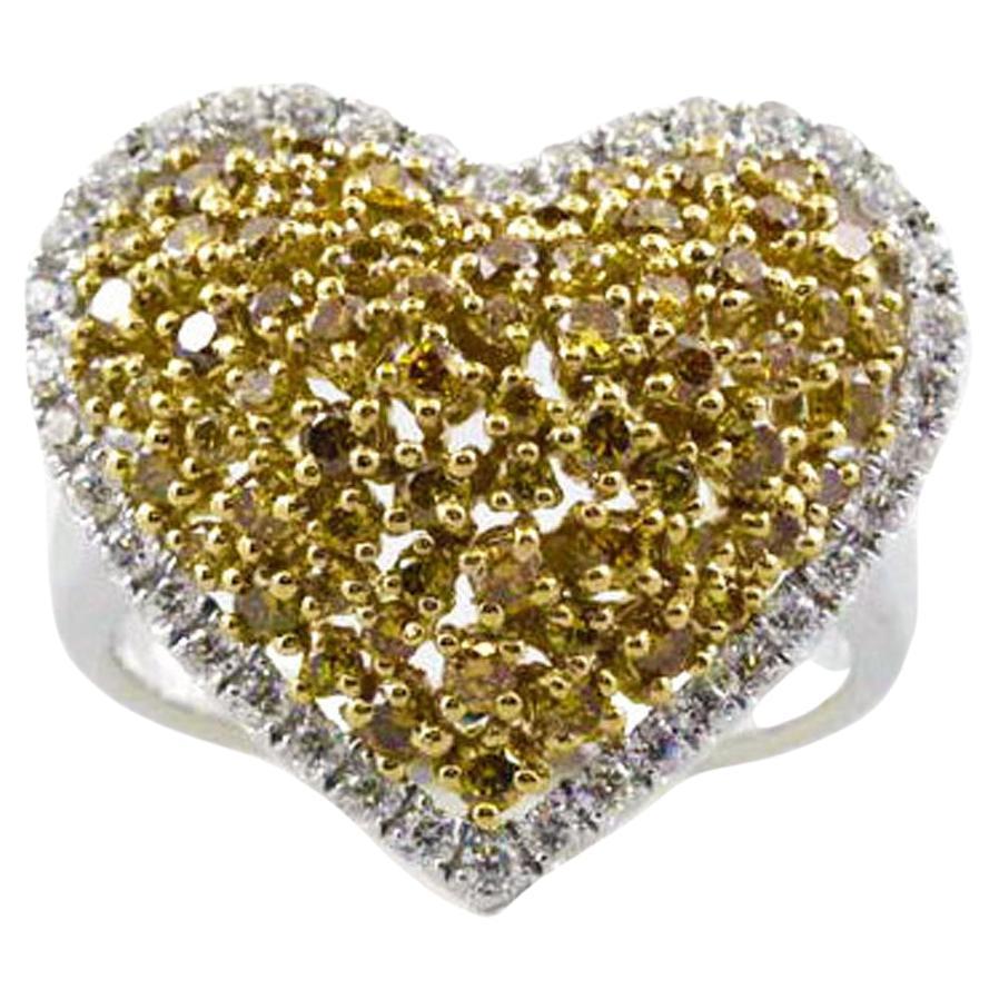 1.39 Carat Natural Fancy Intense Yellow Diamond Cluster Heart Shape Ring For Sale