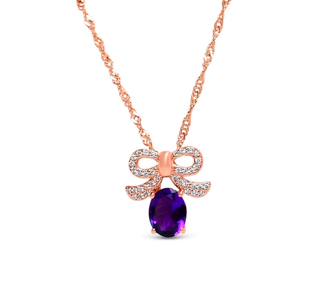 Art Deco 1.39 Ctw OVAL Amethyst 18K ROSE GOLD PLATED OVER 925 SILVER SILVER NECKLACE For Sale