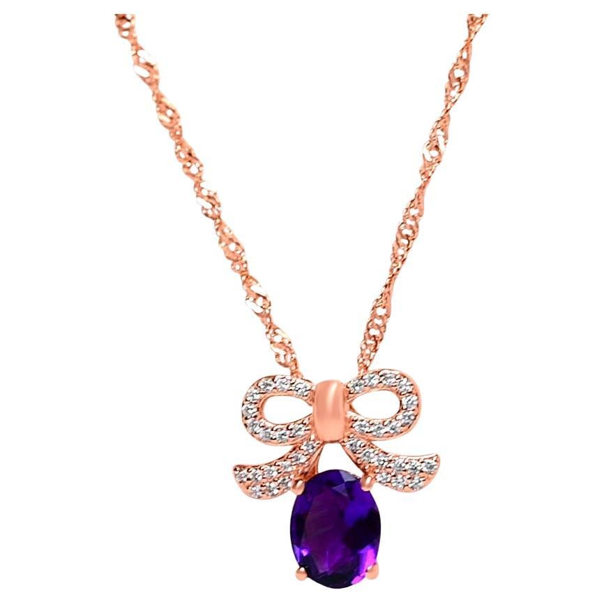 1.39 Ctw OVAL Amethyst 18K ROSE GOLD PLATED OVER 925 SILVER SILVER NECKLACE For Sale