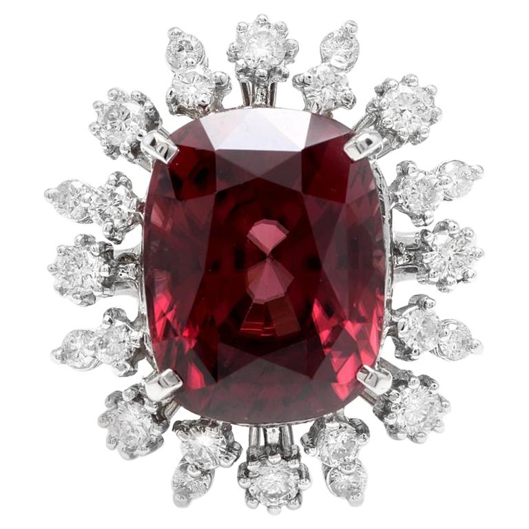 13.90 Carat Natural Red Zircon and Diamond 14 Karat Solid White Gold Ring For Sale