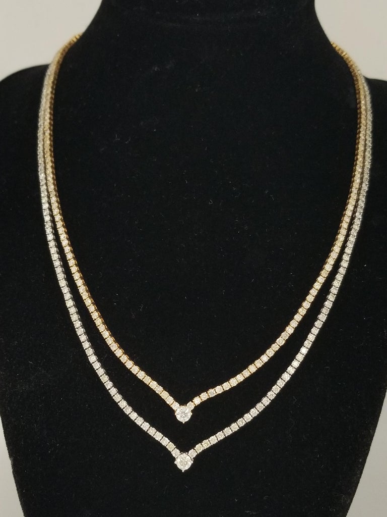 13.90 Carat VShaped Double Row Tennis Necklace 14 Karat TwoTone at