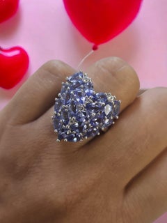 Natural Blue Tanzanite Cluster Ring in 925 Sterling Silver with Rhodium Plating