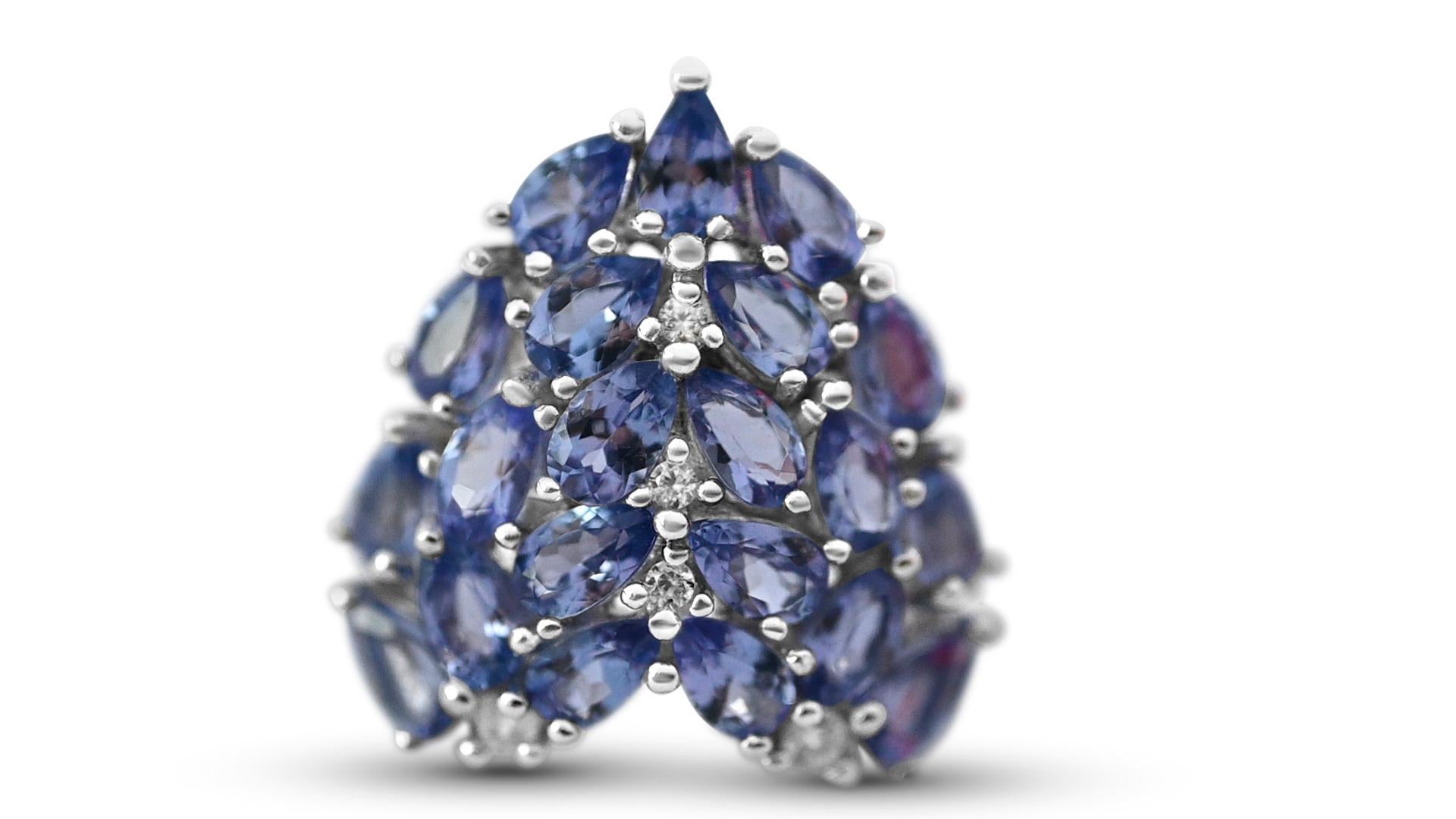 Pear Cut Natural Blue Tanzanite Cluster Ring in 925 Sterling Silver with Rhodium Plating For Sale