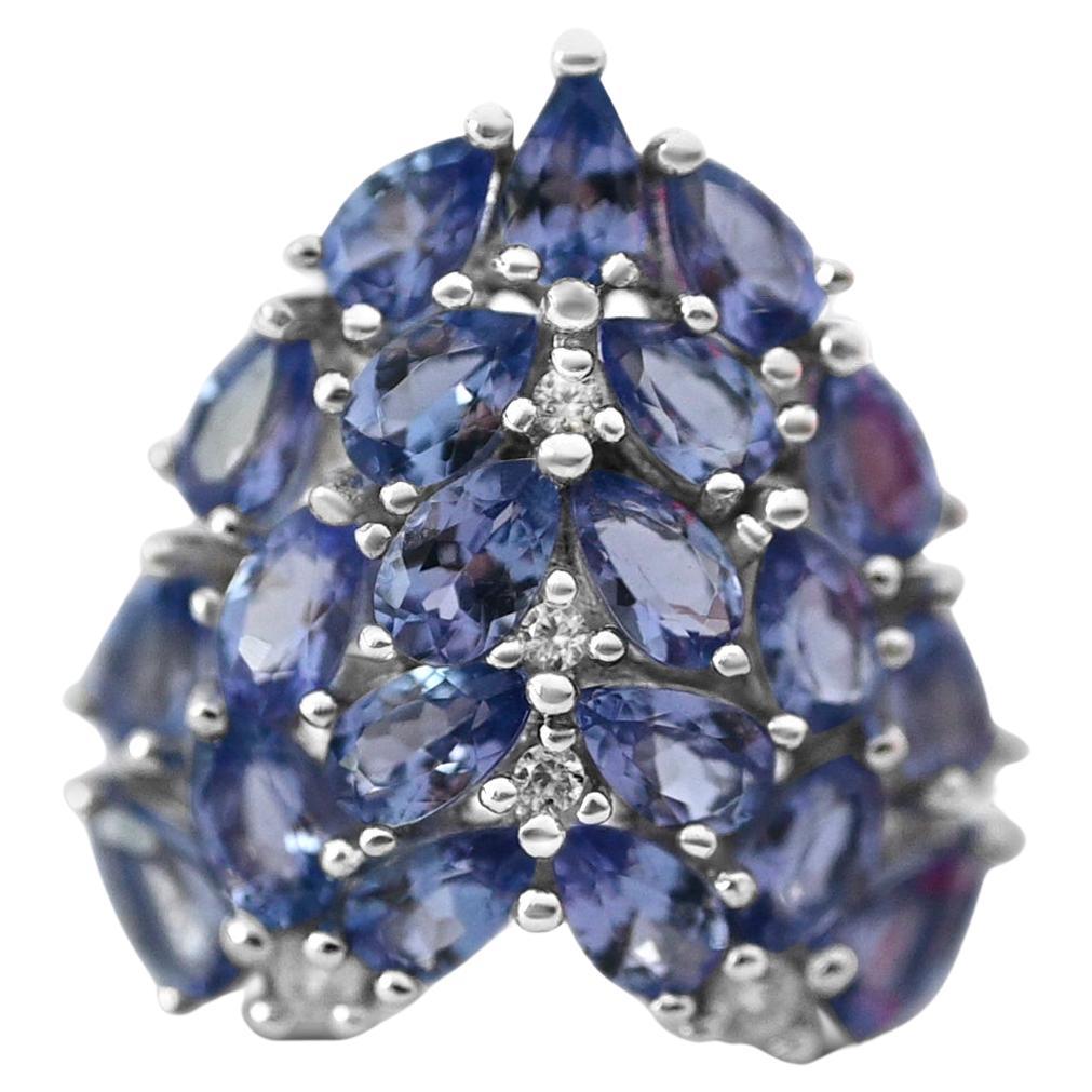 Natural Blue Tanzanite Cluster Ring in 925 Sterling Silver with Rhodium Plating For Sale