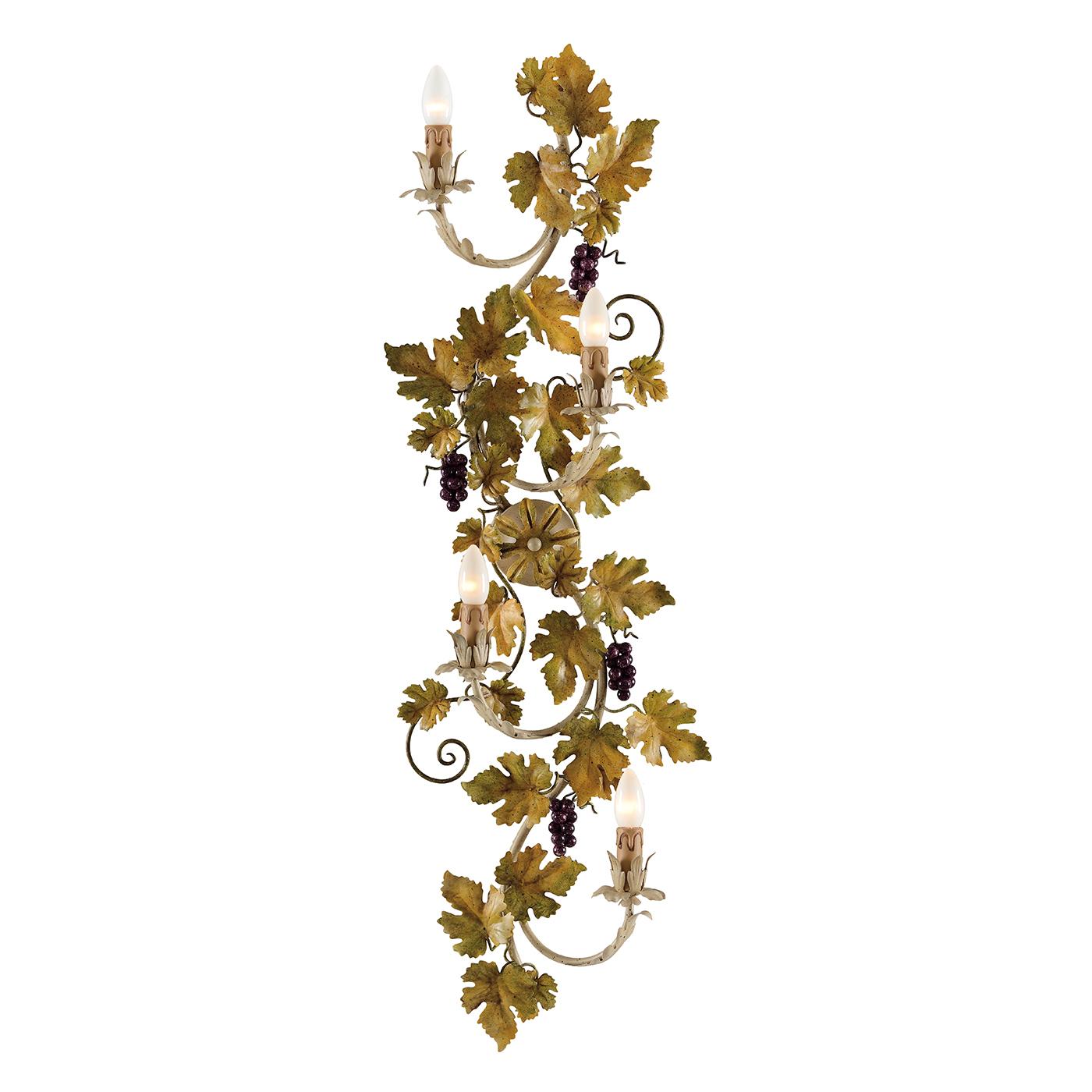 Elegantly hand-decorated grape leaves and small bunches of grapes form the body of this sophisticated, antiqued metal sconce, almost hiding the four bulbs that rest on upturned arms and making this light fixture as decorative as it is practical.