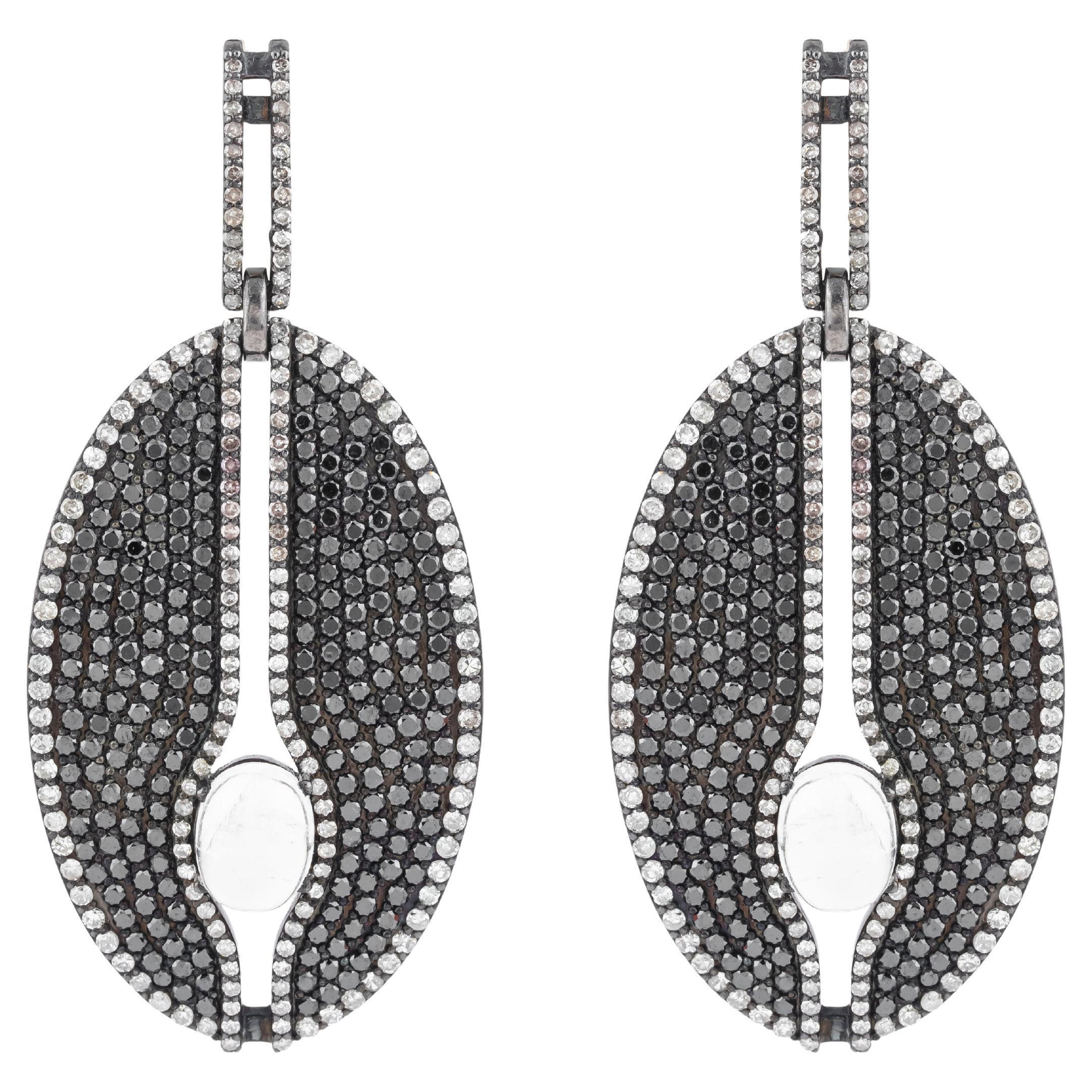 13.91 Carat Diamond, Black Diamond and Moonstone Drop Earrings