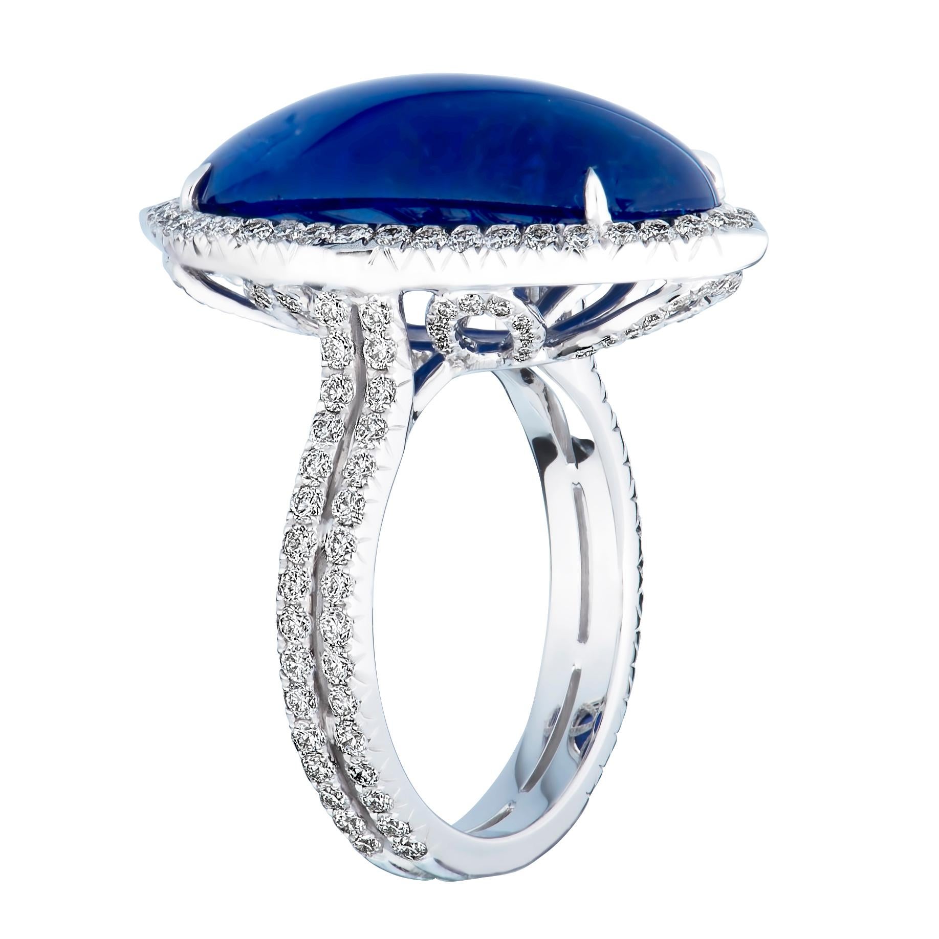 Oval Cut 13.91 Carat Unheated Blue Cabochon Burmese Sapphire Ring with Diamond Accents