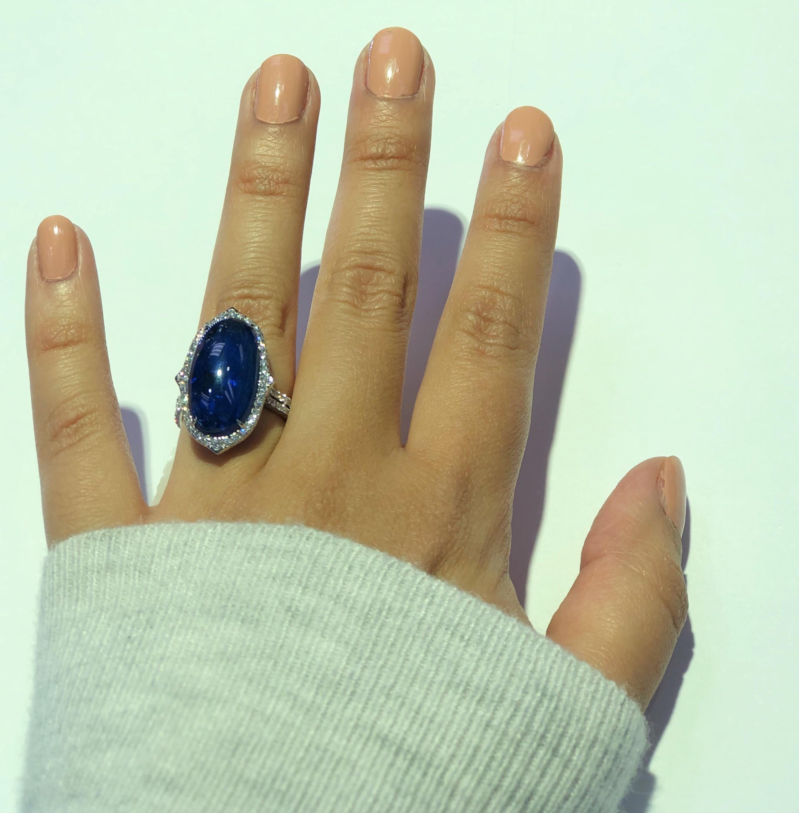 Women's 13.91 Carat Unheated Blue Cabochon Burmese Sapphire Ring with Diamond Accents