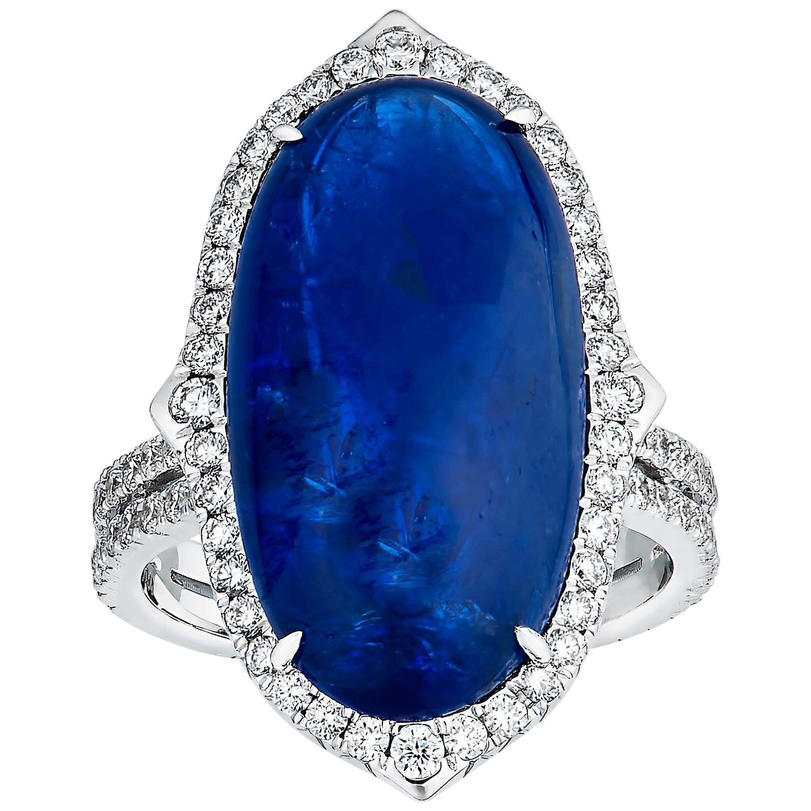 13.91 Carat Unheated Blue Cabochon Burmese Sapphire Ring with Diamond Accents