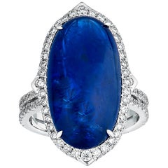 13.91 Carat Unheated Blue Cabochon Burmese Sapphire Ring with Diamond Accents