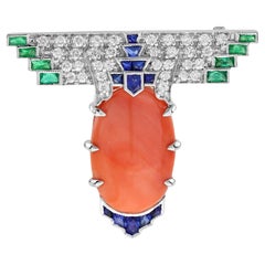 13.91 Ct. Coral Sapphire Emerald Diamond Art Deco Style Brooch in 14K White Gold