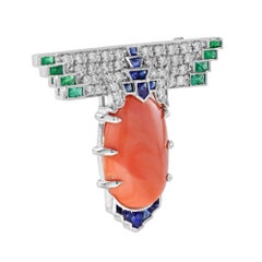 13.91 Ct. Coral Sapphire Emerald Diamond Art Deco Style White Gold Brooch