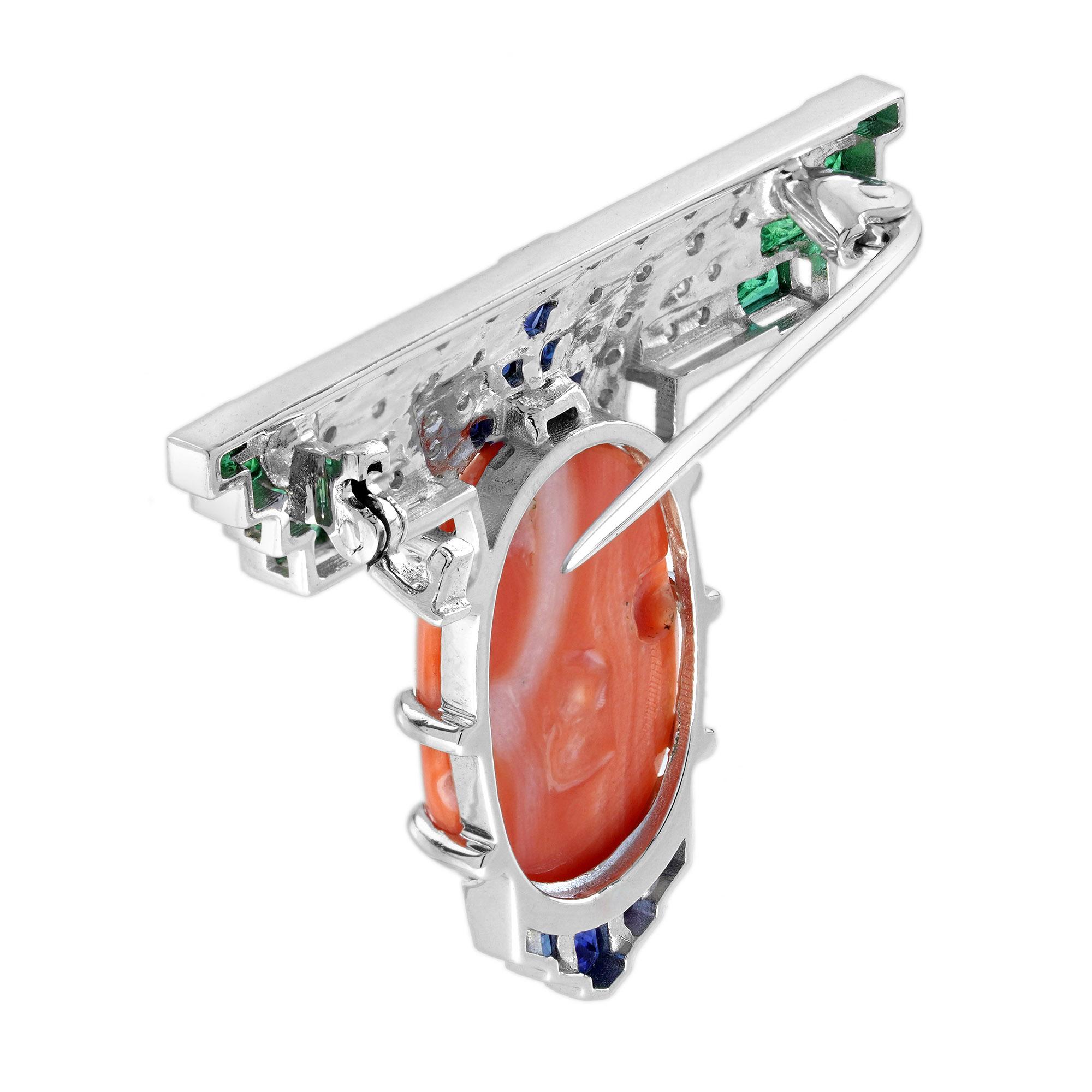 13,91 Ct. Broche de Oro Blanco Estilo Art Decó Zafiro Coral Esmeralda Diamante Cabujón en venta