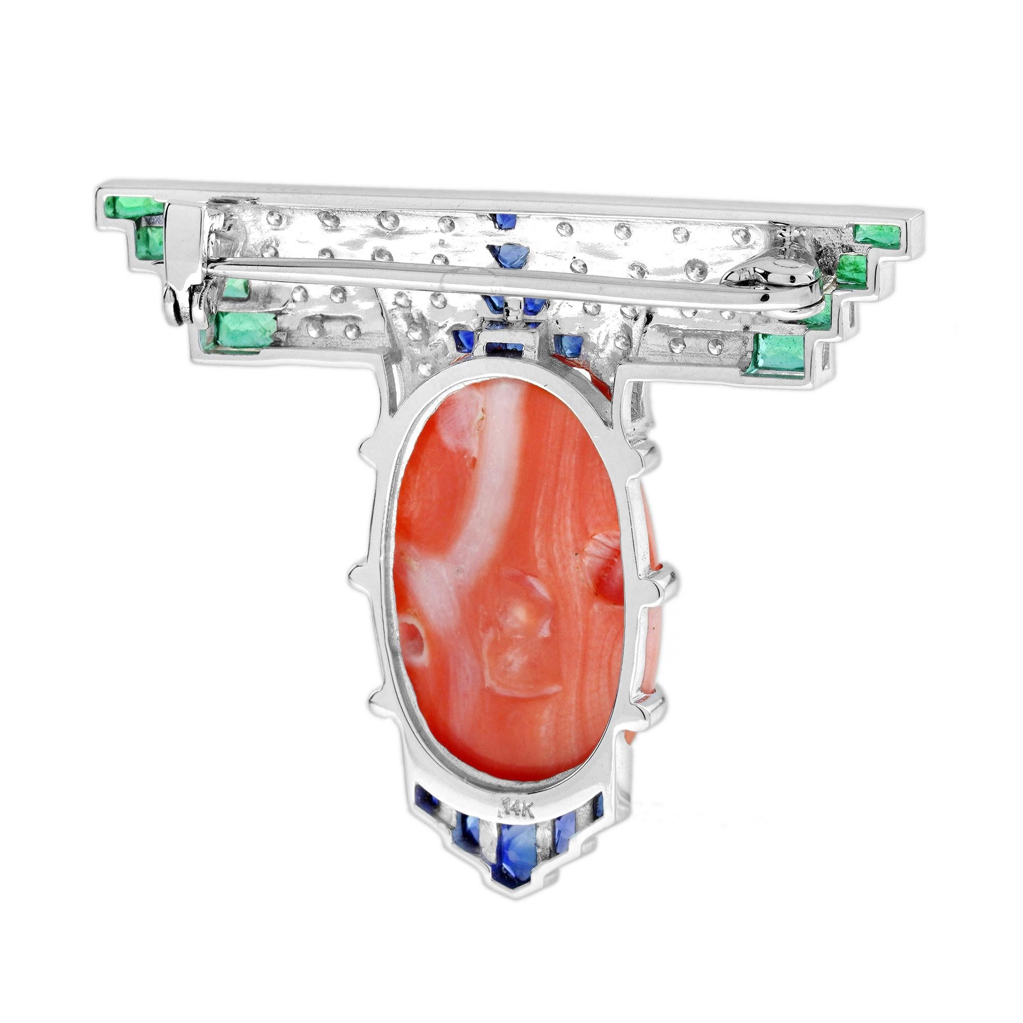 13,91 Ct. Broche de Oro Blanco Estilo Art Decó Zafiro Coral Esmeralda Diamante en Nuevo estado para la venta en Oakton, VA