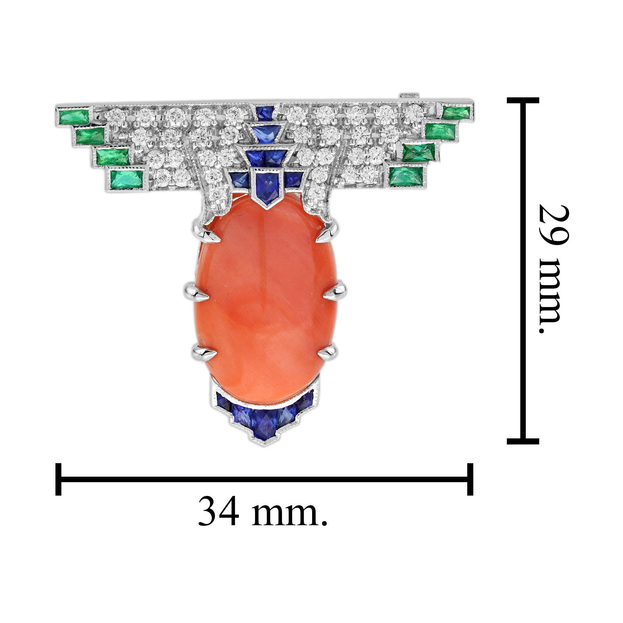 13,91 Ct. Broche de Oro Blanco Estilo Art Decó Zafiro Coral Esmeralda Diamante en venta 1