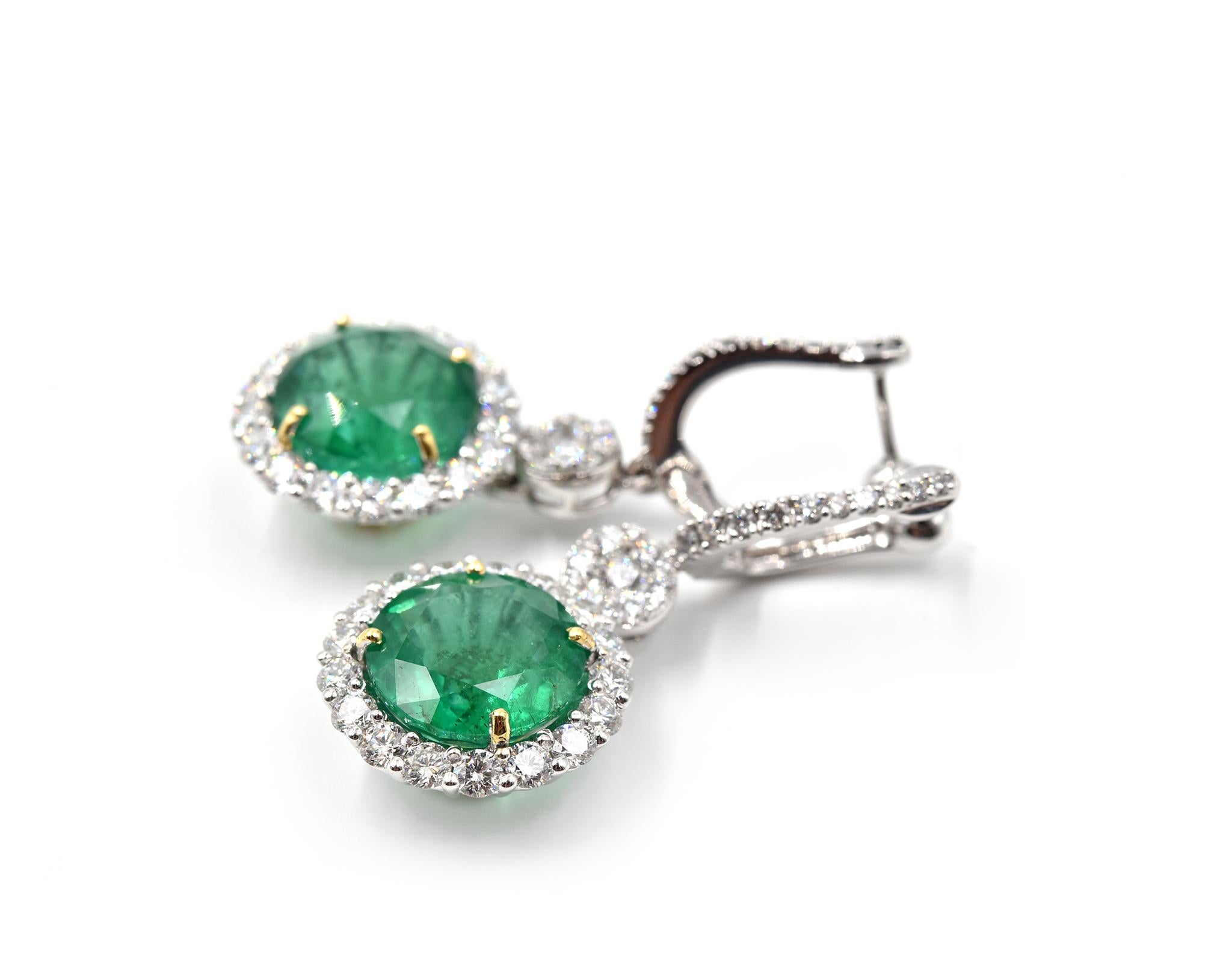 Round Cut 13.92 Carat Emerald and Diamond 18 Karat White Gold Drop Earrings
