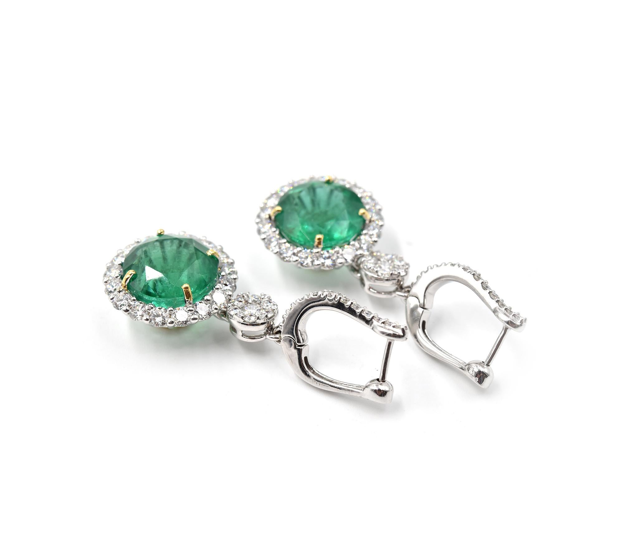 13.92 Carat Emerald and Diamond 18 Karat White Gold Drop Earrings In Excellent Condition In Scottsdale, AZ