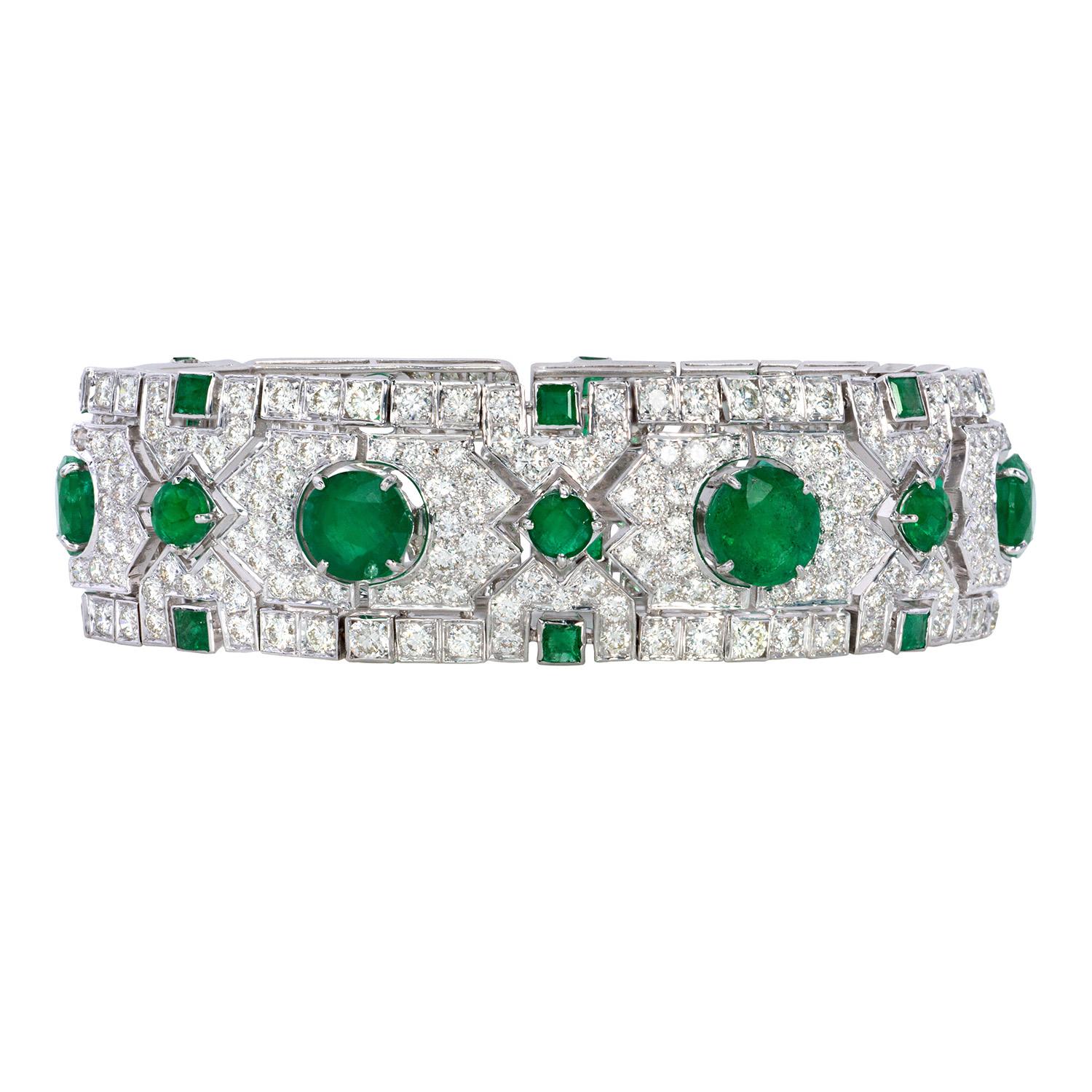 Emerald Cut 13.92 Carat Emerald and Diamond Art Deco Style Bracelet 