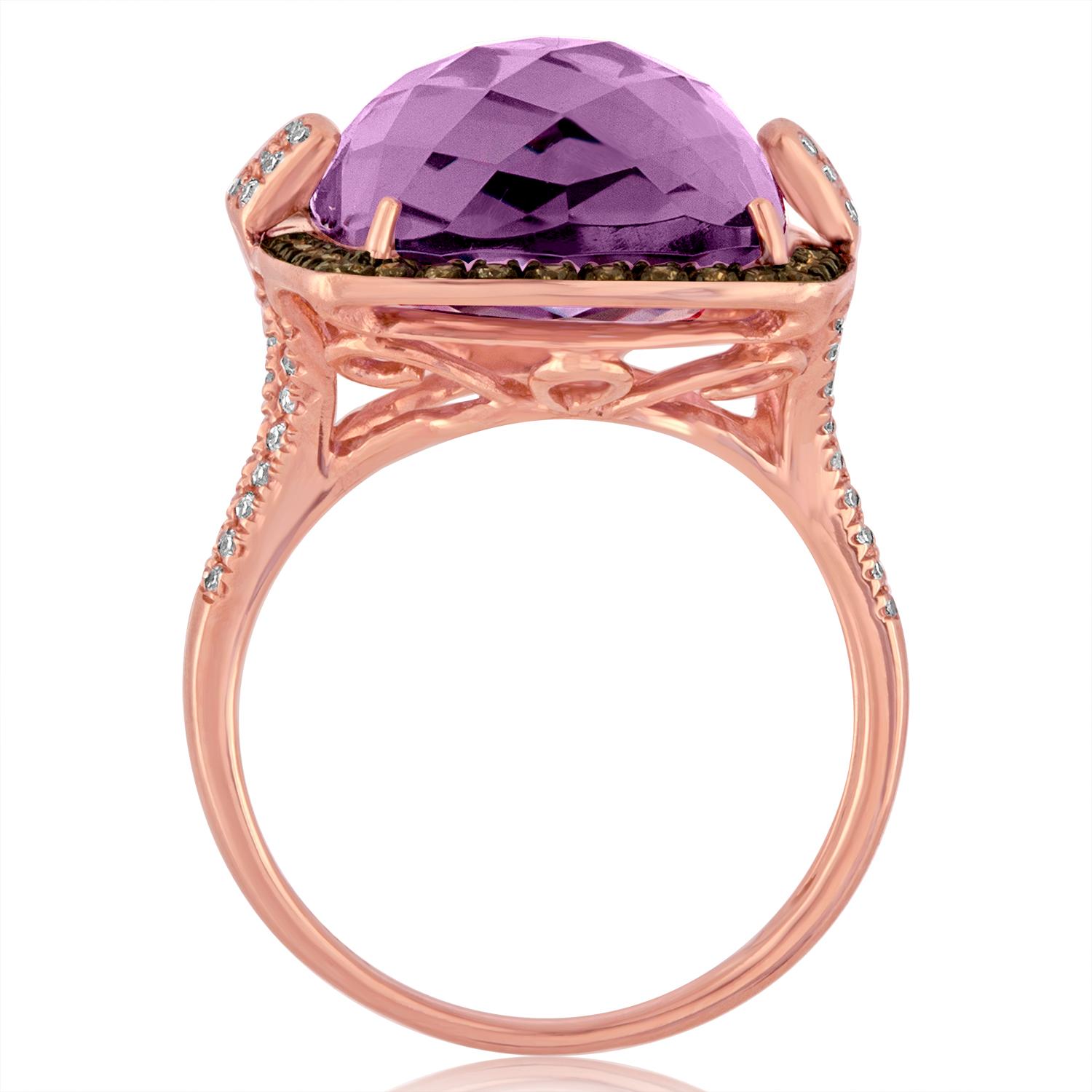 Fun Fun Fun Ring
The ring is 14K Rose Gold
There are 0.17 Ct In White Diamonds H VS
There are 0.29 Ct Champagne Diamonds
The Radiant Checkerboard Cut Amethyst is 13.93 Carats.
The ring is a size 6.75, sizable.
The ring weighs 6.8 grams