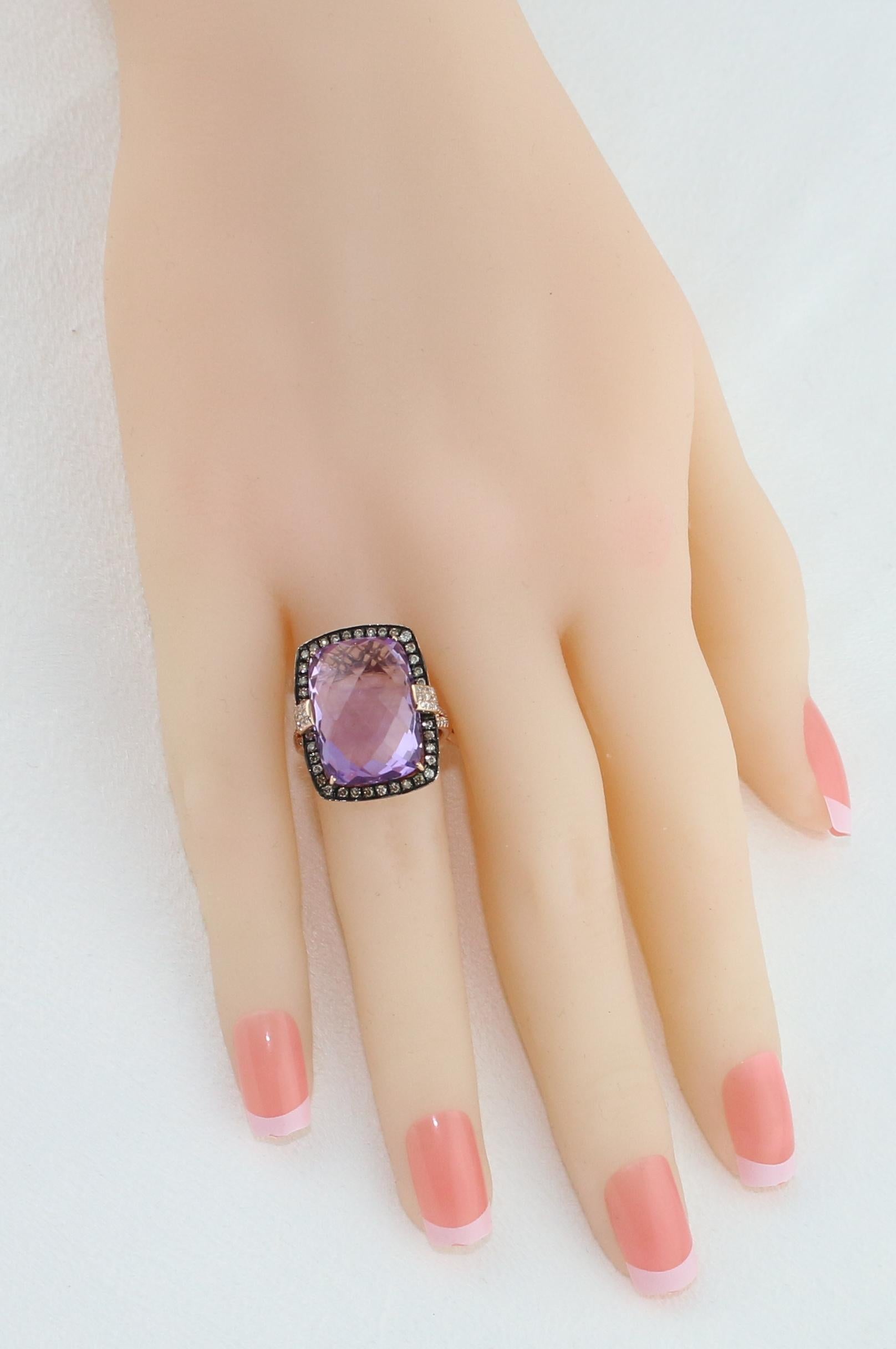 13.93 Carat Radiant Checkerboard Cut Amethyst Diamond Gold Ring In New Condition For Sale In New York, NY