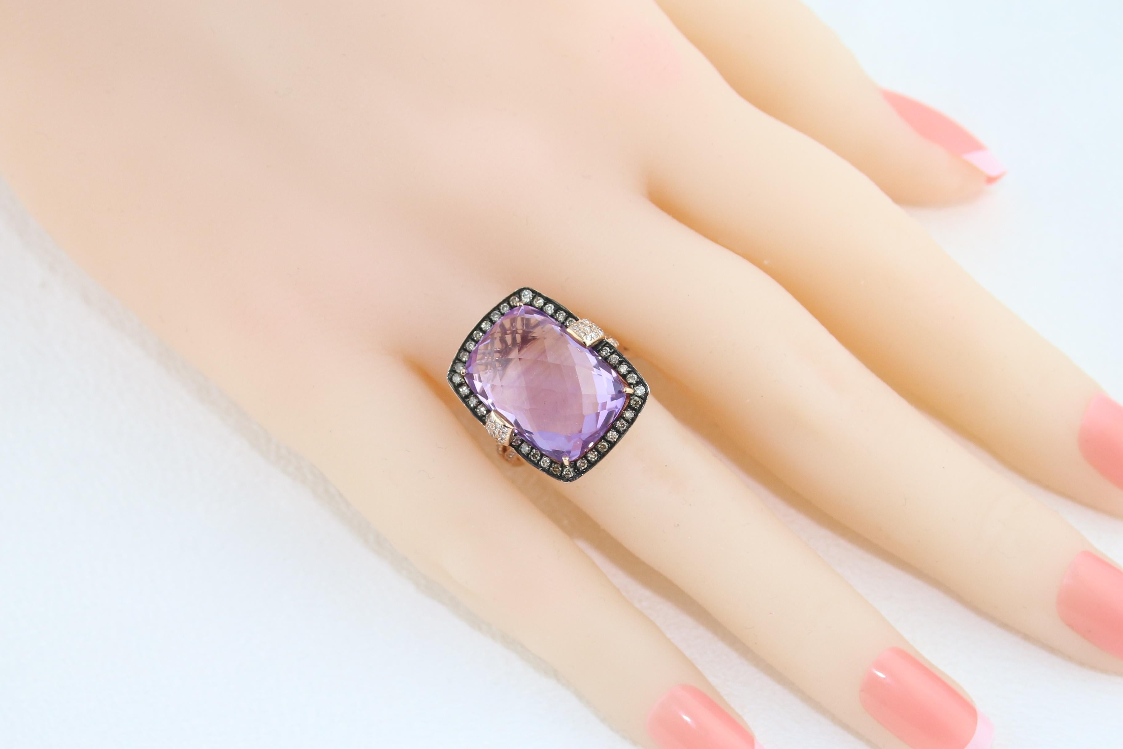 13.93 Carat Radiant Checkerboard Cut Amethyst Diamond Gold Ring For Sale 2