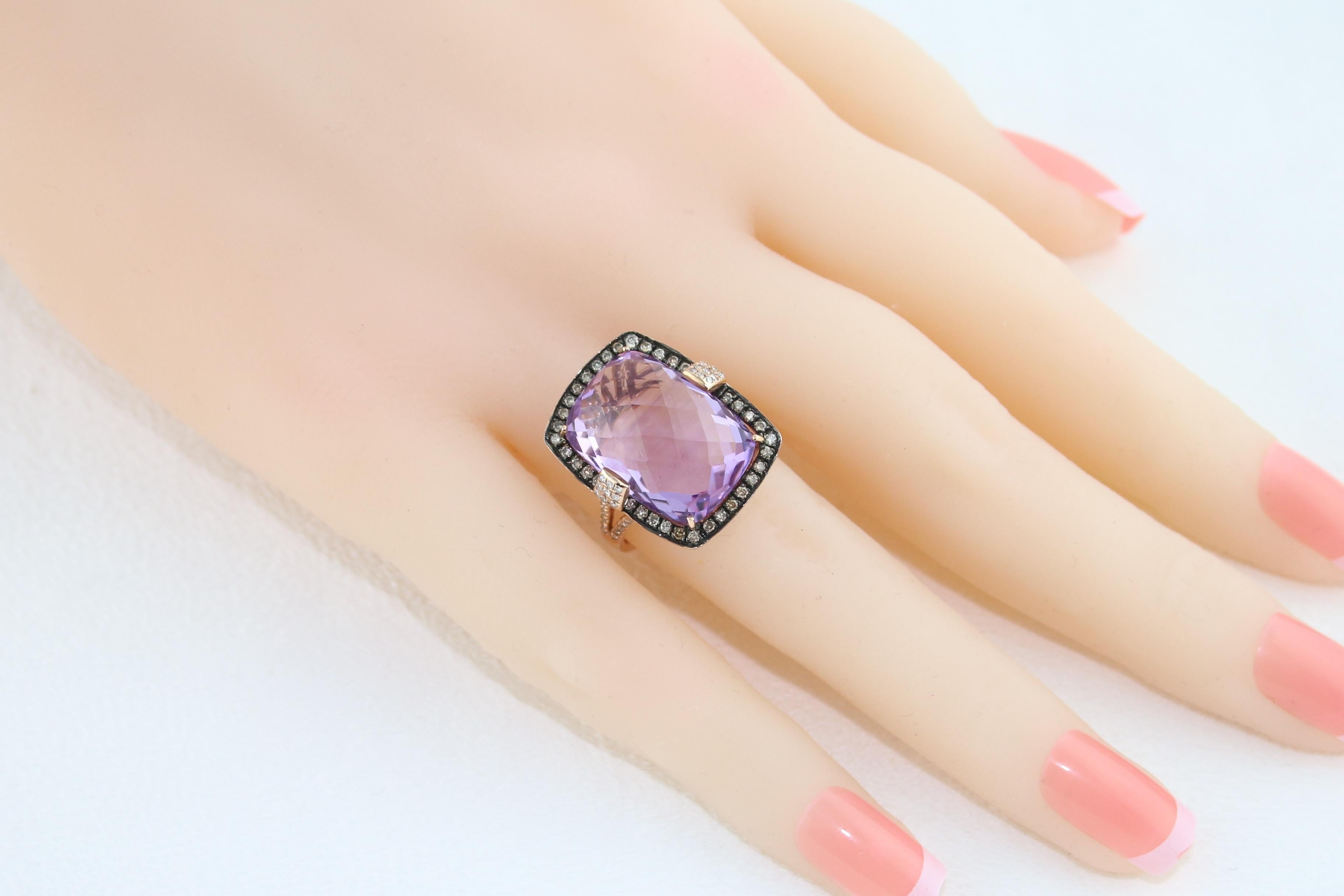 13.93 Carat Radiant Checkerboard Cut Amethyst Diamond Gold Ring For Sale 3