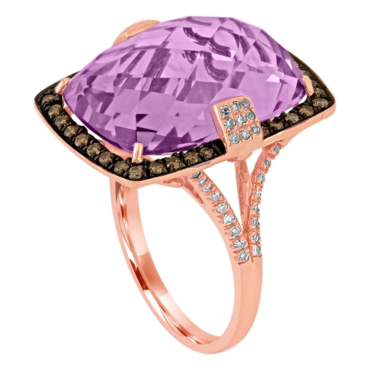 13.93 Carat Radiant Checkerboard Cut Amethyst Diamond Gold Ring For Sale