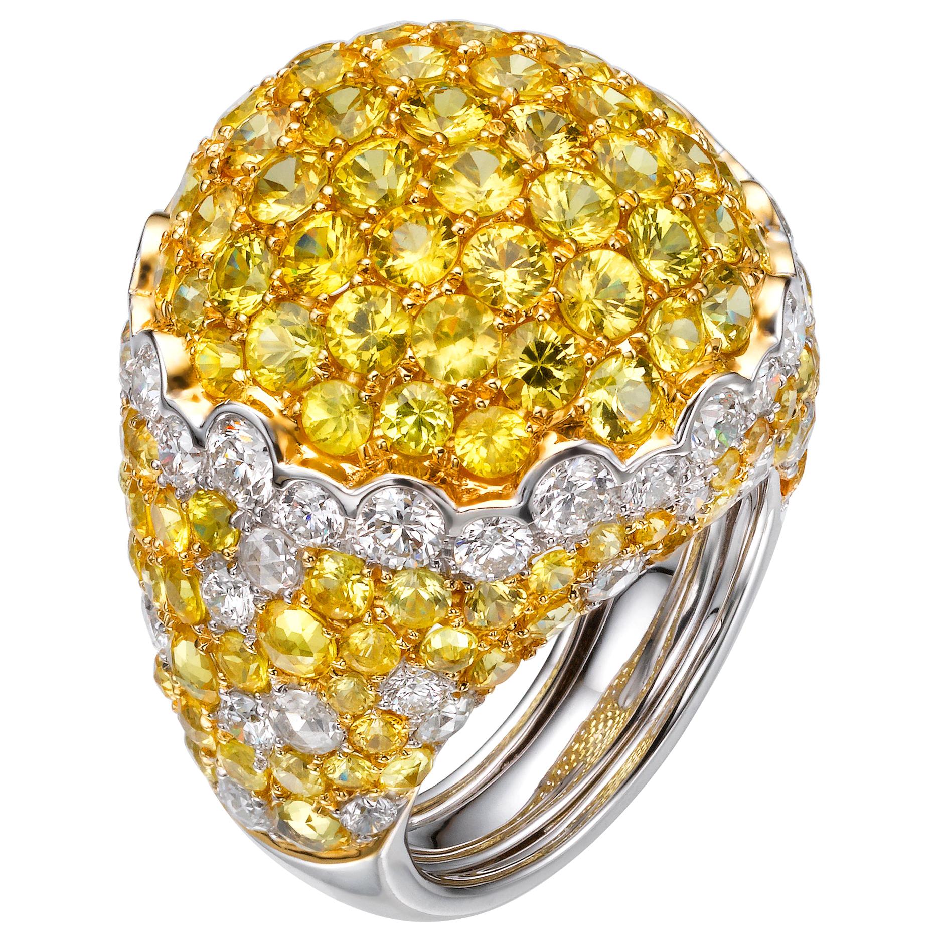 13.93 Carat Yellow Sapphire White Diamond 18 Karat White Gold Dome Cocktail Ring