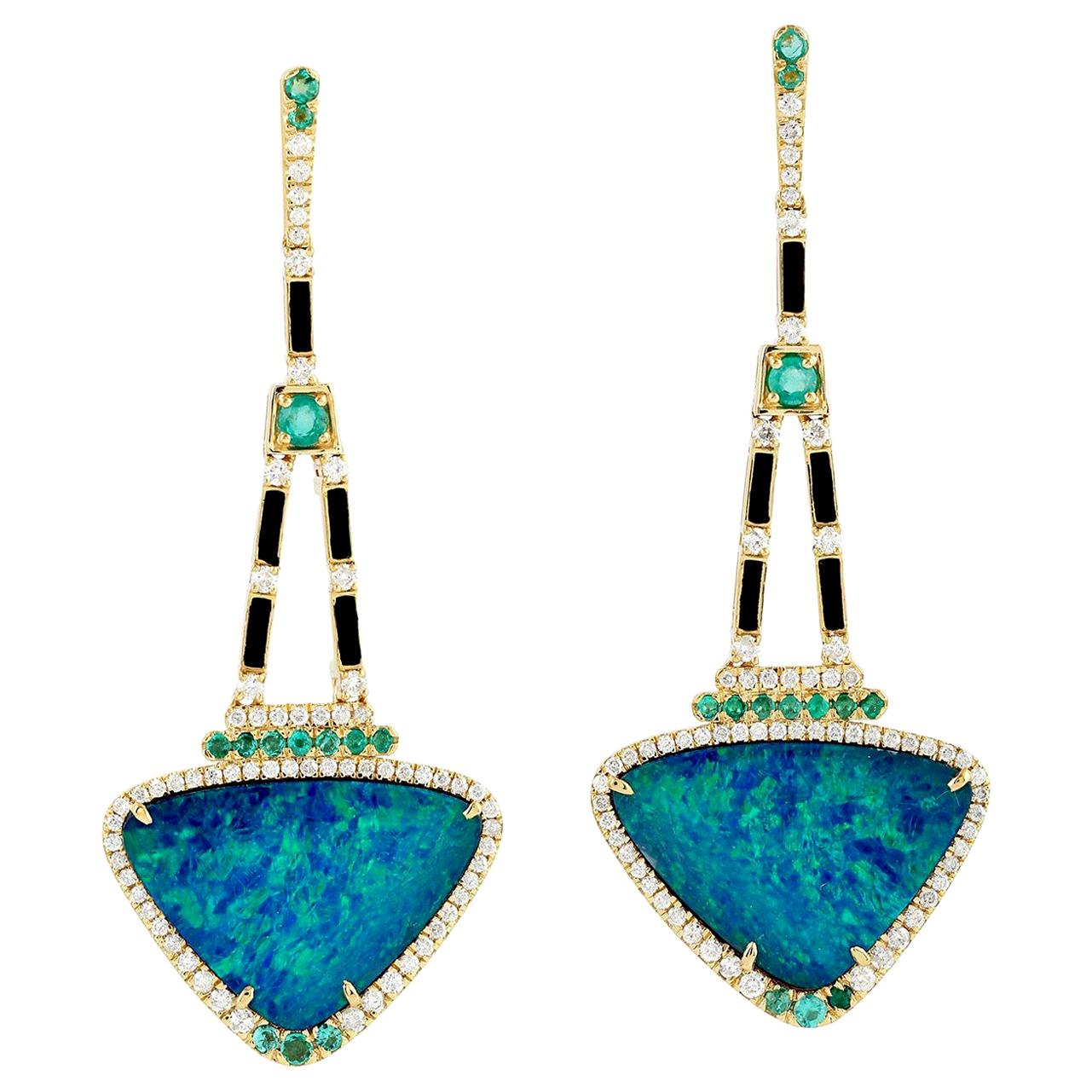 13.95 Carat Opal Emerald Diamond 18 Karat Gold Earrings