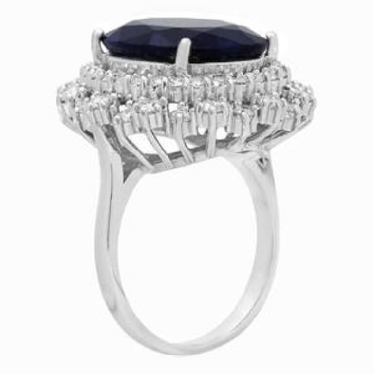 13.90 Carats Exquisite Natural Blue Sapphire and Diamond 14K Solid White Gold Ring

Total Natural Blue Sapphire Weights: Approx. 12.00 Carats

Sapphire Measures: 16 x 13.00mm

Sapphire Treatment: Diffusion

Natural Round Diamonds Weight: 1.90 Carats