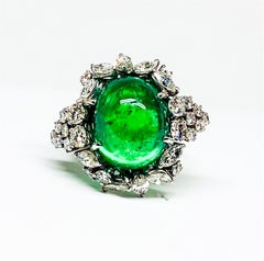 13.96 Carat Cabochon Emerald and Diamond Ring