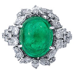 Vintage 13.96 Carat Cabochon Emerald and Diamond Ring