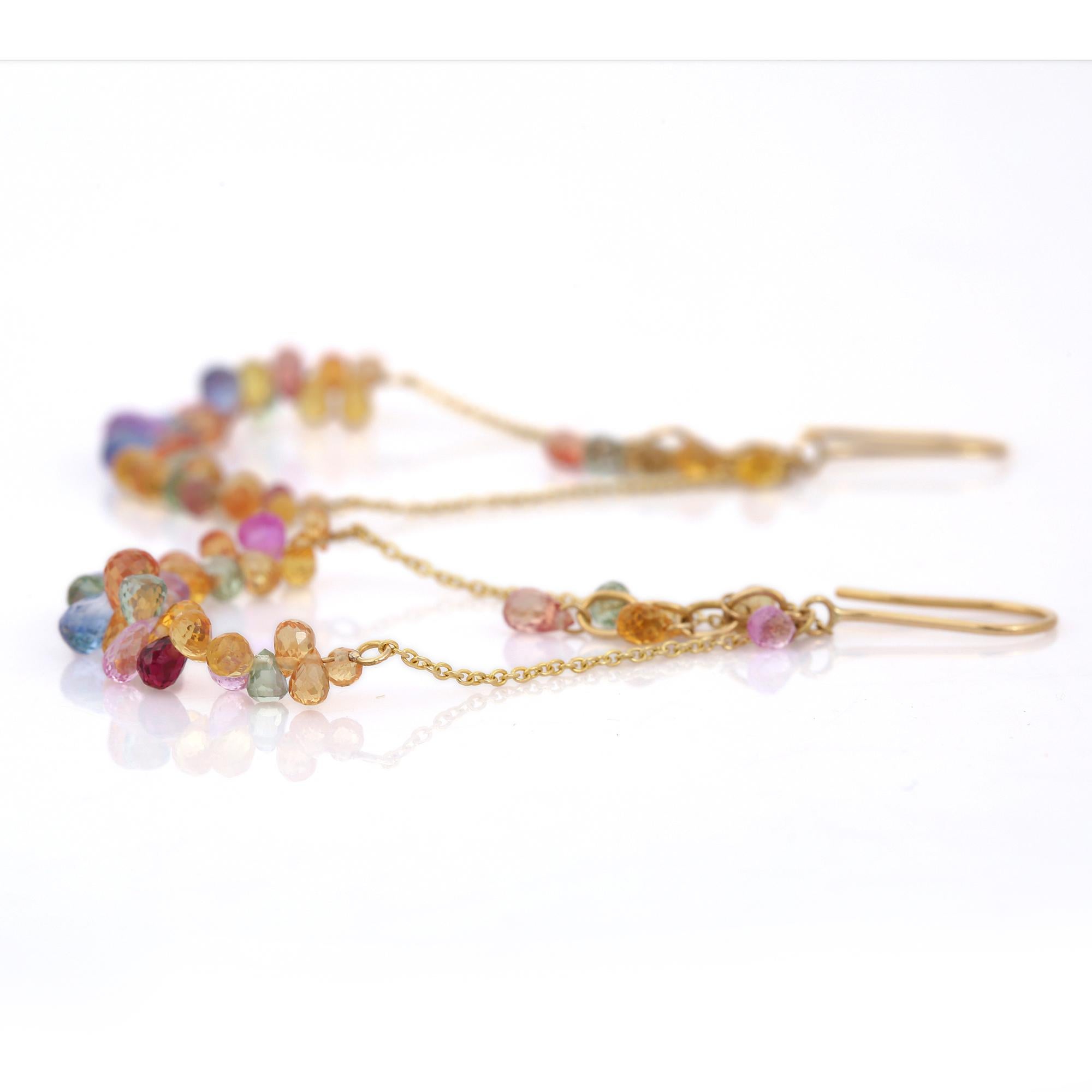 13.96 Ct Multi Sapphire Bead Dangle Earring in 18K Yellow Gold In New Condition For Sale In Houston, TX