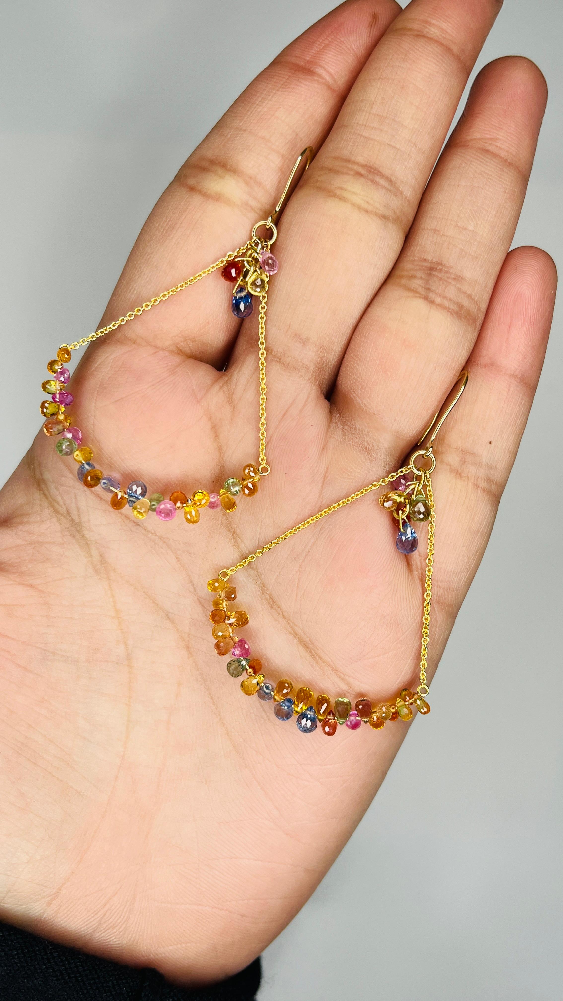 Modern 13.96 Ct Multi Sapphire Bead Dangle Earring in 18K Yellow Gold For Sale