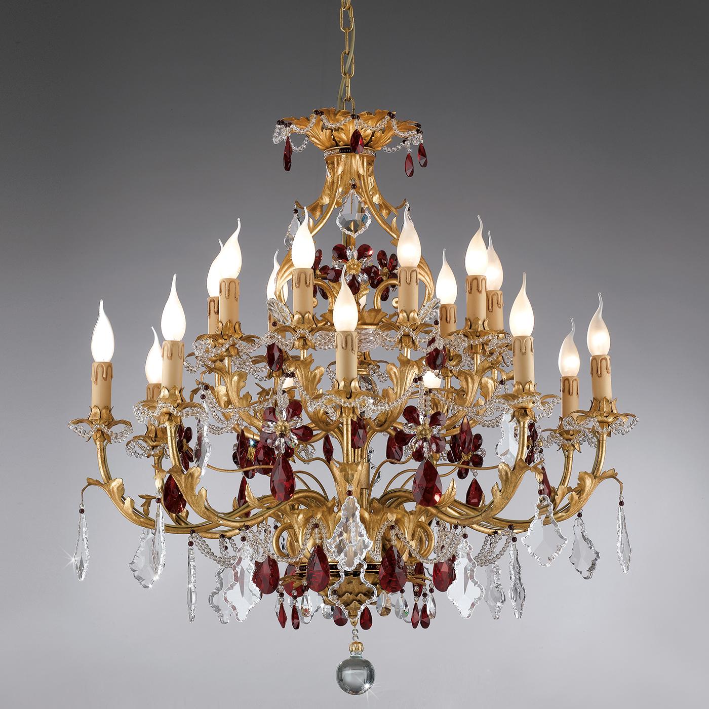The embodiment of unabashed opulence, this chandelier makes a strong style statement. Inspired by centuries of Italian design and know-how, the chandelier is comprised of two tiers, each with nine arms. Coated with an aged gold leaf finish, the