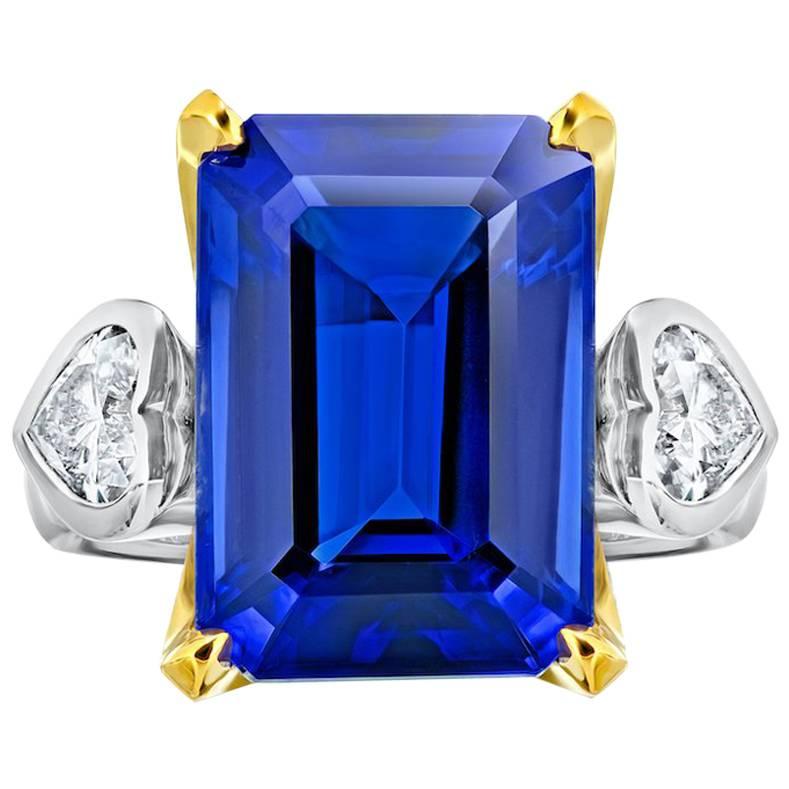 13.97 Carat Emerald Cut Blue Tanzanite and Diamond Platinum and 18k Ring