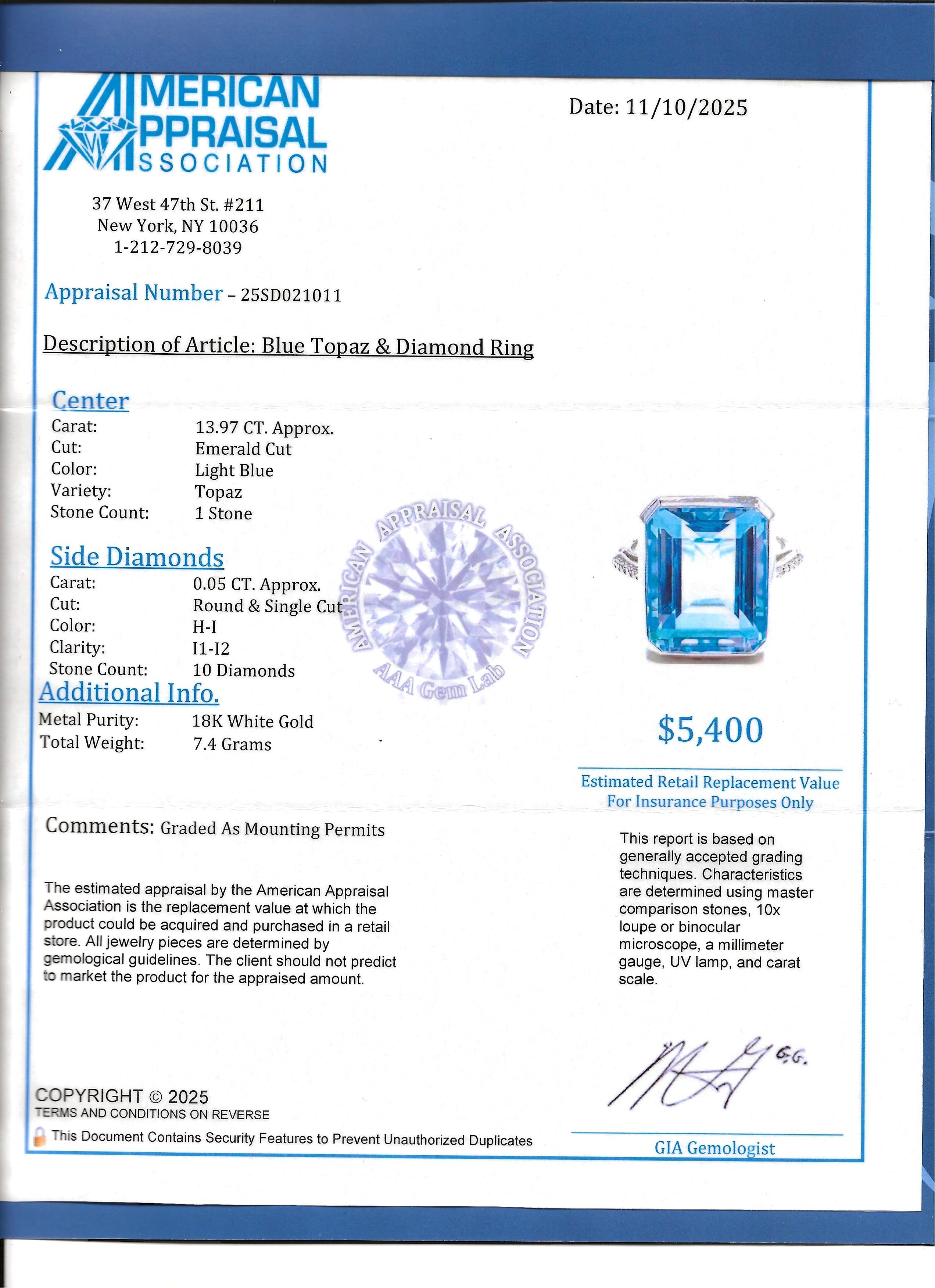 13,97 Karat Blauer Topas im Smaragdschliff mit Diamanten in 18 Karat Weißgold im Angebot 6