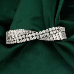 13.98 Carat Round & Baguette Diamond Wide Statement Bracelet 18K White Gold