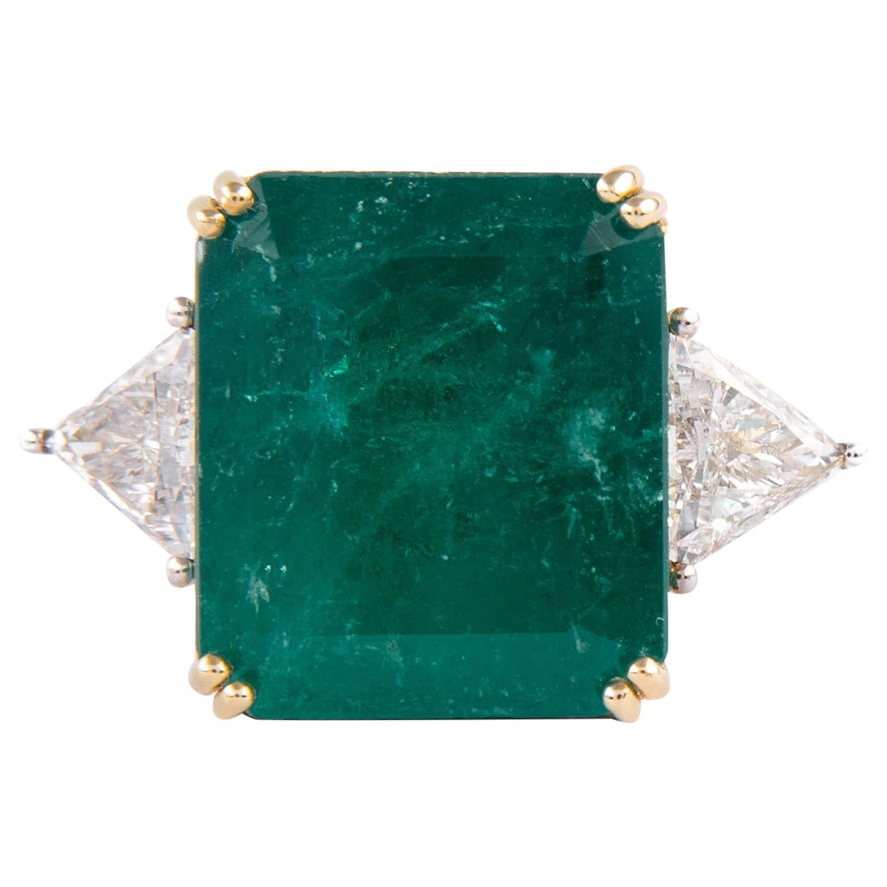 Alexander GIA 13.98ct Colombian Emerald with Diamond 3-Stone Ring 18k Gold For Sale