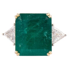 Alexander GIA 13.98ct Colombian Emerald with Diamond 3-Stone Ring 18k Gold
