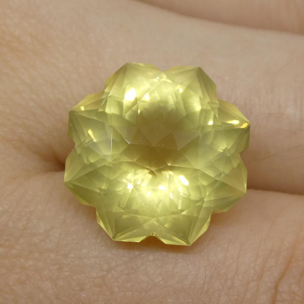 Description:

Gem Type: Lemon Citrine
Number of Stones: 1
Weight: 13.98cts
Measurements: 16.30x16.50x11.70mm
Shape: Flower
Cutting Style: Fantasy Cut
Cutting Style Crown: Modified Brilliant
Cutting Style Pavilion: Mixed Cut
Transparency: